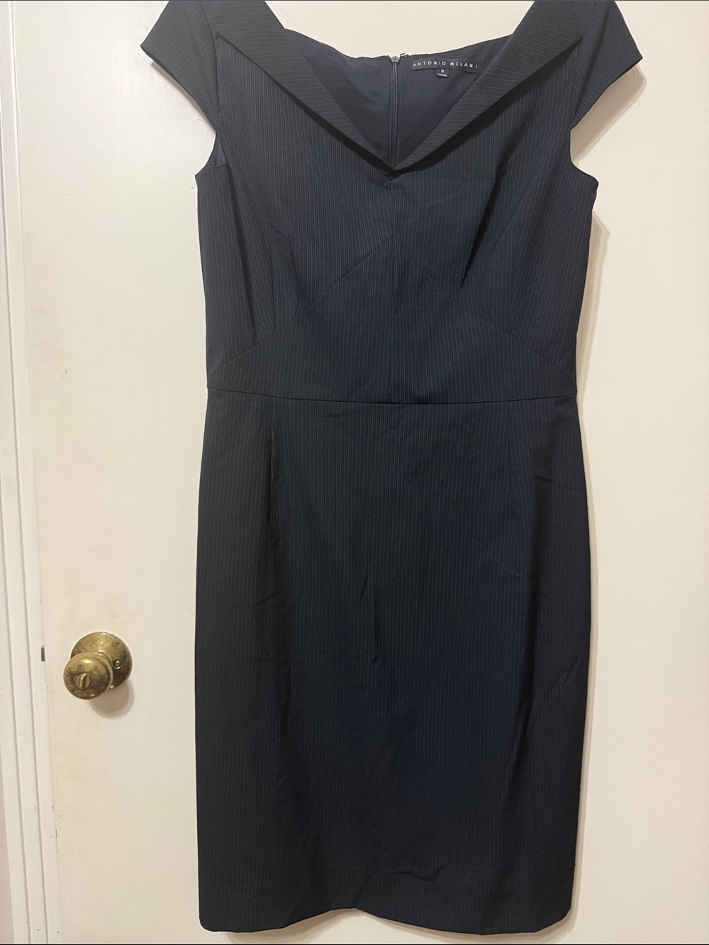 ANTONIO MELANI Navy Pinstripe Midi Sheath Dress